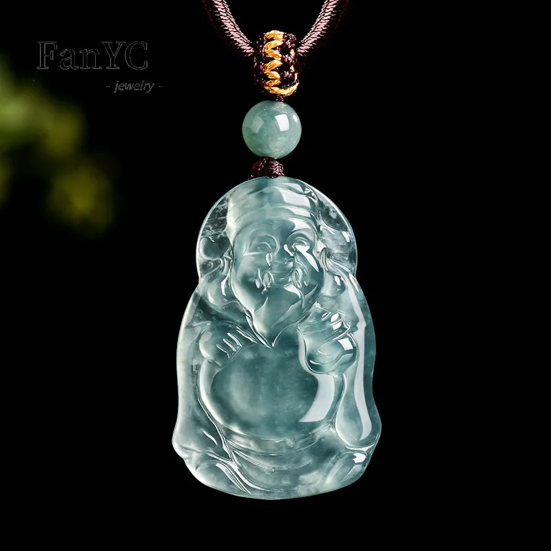 

Natural Jadeite Blue Water God of Wealth Pendant Hand-carved High-end Fashion Ice-type Jadeite Necklace Men's and Women's Gift