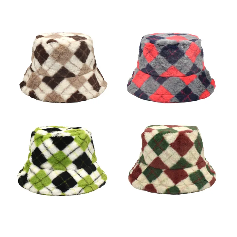 

2023 Winter Polyester Plaid Print Keep Warm Bucket Hat Fisherman Hat Outdoor Travel Hats for Men and Women 249