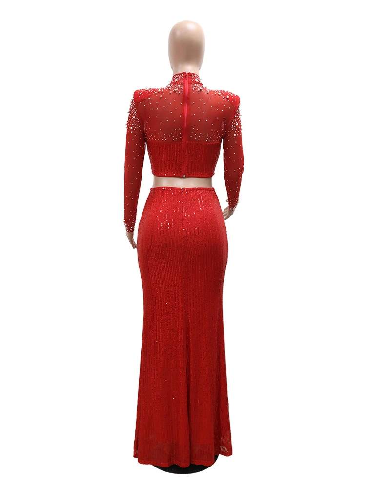 Luxury Sequins Evening Dress Set Beading Diamonds Cropped Tops High Slit Maxi Skirts 2 Piece Outfits Bodycon Party Dinner Gown