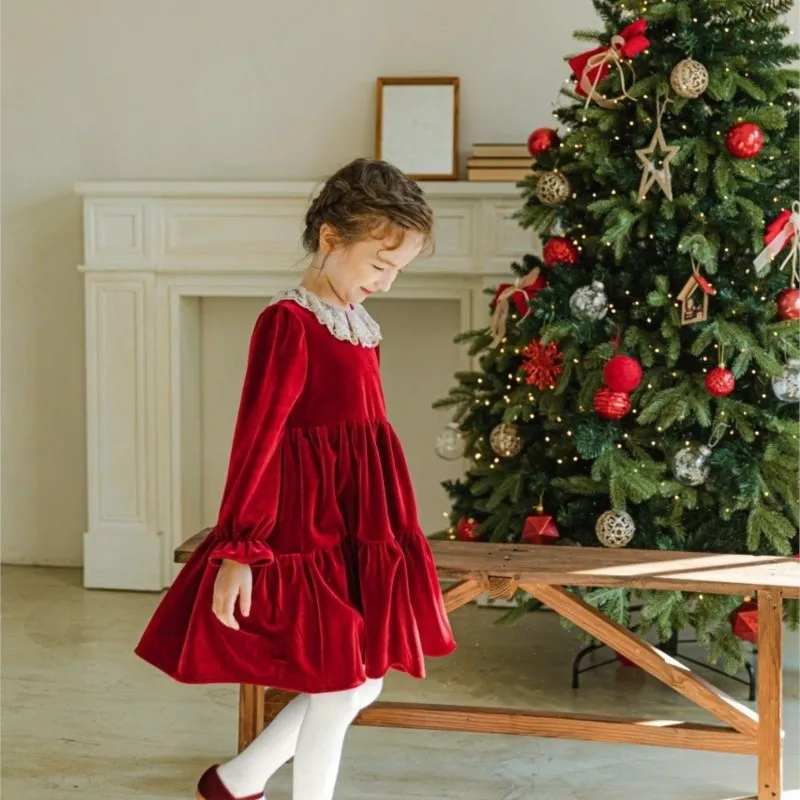 Baby Girl Princess Lace Collar Velvet Dress Romper Long Sleeve Infant Toddler Vestido Party Birthday Christmas Baby Clothes 0-7Y