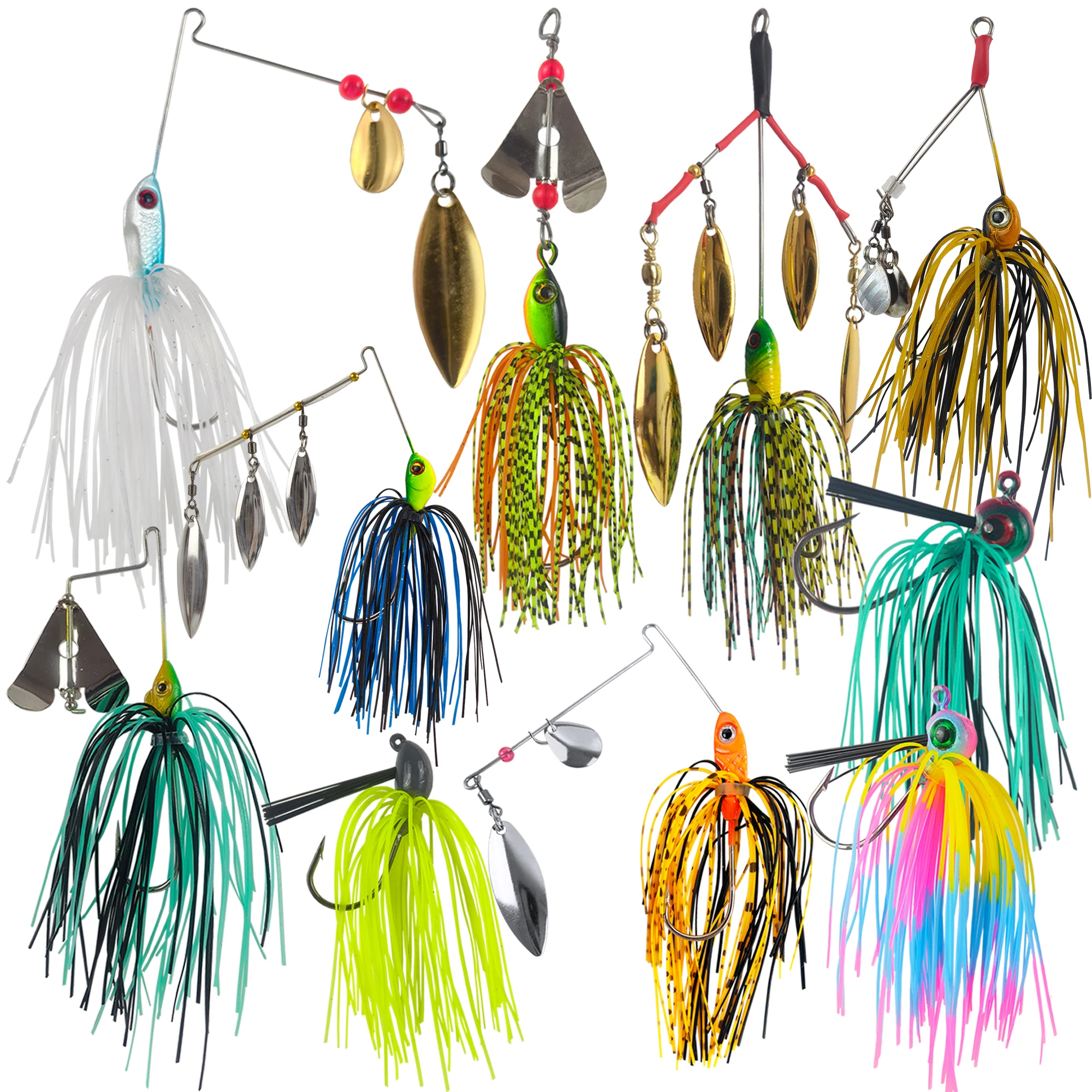 Zestaw przynęt wędkarskich FREE FISHER Buzzbaits, metalowe błystki z łopatkami, przynęty jigowe z gumowymi spódniczkami, hałasujące spinnerbaity na pstrągi