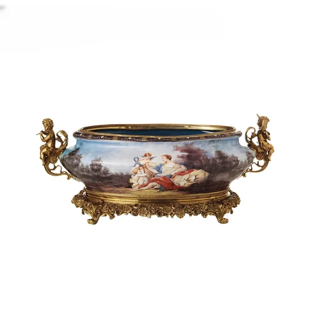 Antique French style Baroque handmade copper, cherub porcelain fresh fruit platter, blue hand-painted angel fruit plate