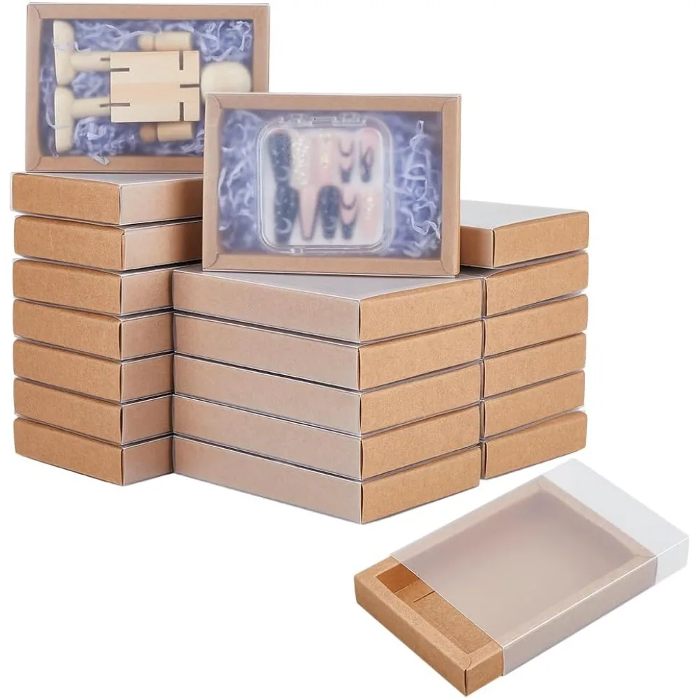 

30 Set Brown Kraft Drawer Gift Box Paper Storage Organizers with Translucent Plastic Sliding Lid for Wedding Favors DIY Crafts