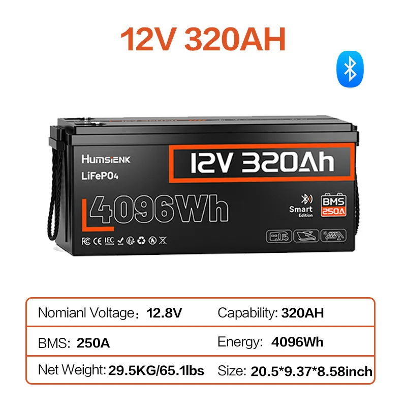 Humsienk 12V 314Ah LiFePO4 Lithium Batterijpakketten Met Bluetooth 200A BMS Oplaadbaar Voor Camper Golfkar Kamperen Visboten