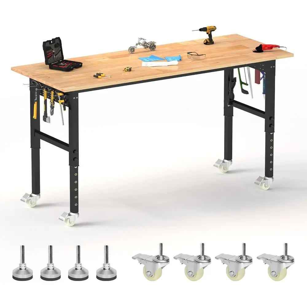 

Adjustable Heavy-Duty Workbench with Power Outlets, Pegboard, Wheels, and Foot Pads, 2000 lbs Capacity for Garage, Workshop, Off