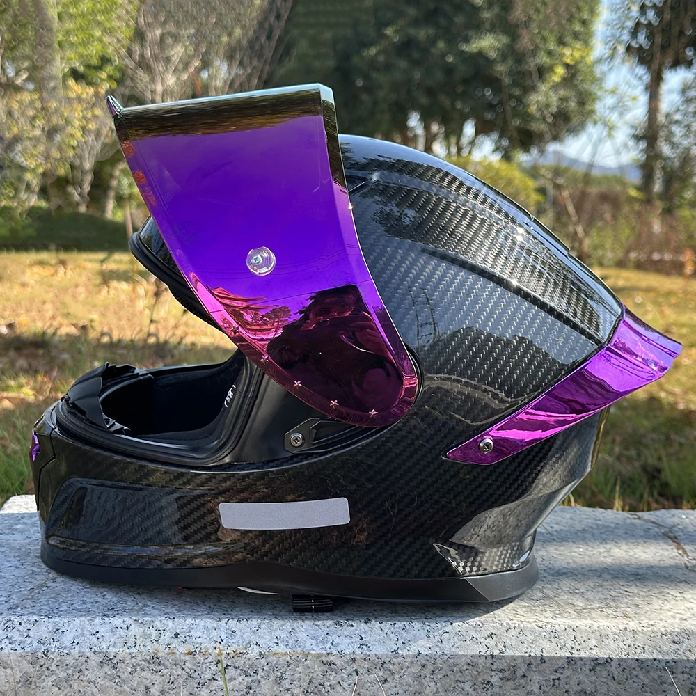 High-Quality Carbon Fiber Helmet, Glossy Rose Red Color-Blocking Lightweight Carbon Fiber Motorcycle Helmet for Men, 3K Dark Pattern Large Spoiler Full-Face Helmet for Men, with Red Visor, Removable Inner Lining, Unisex, Suitable for All Seasons