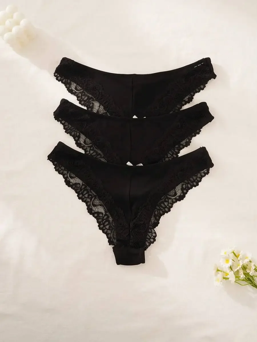 

3pcs Women Lace Trim Hipster Panties Solid Black