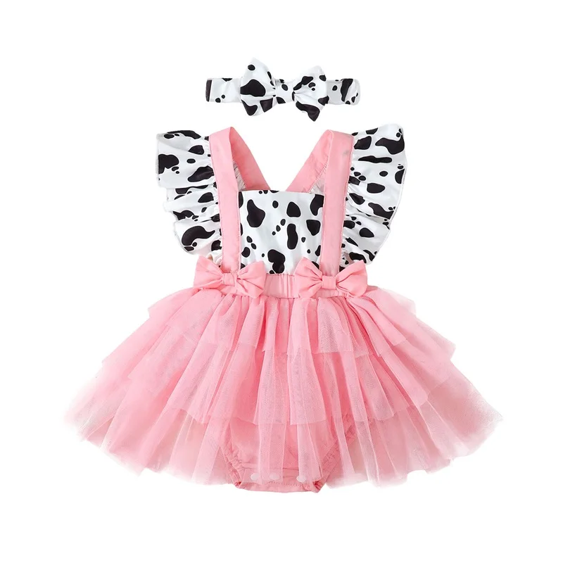 

Baby Girls Summer Romper Dress Flying Sleeve Cow Print Tulle Patchwork Romper with Headband