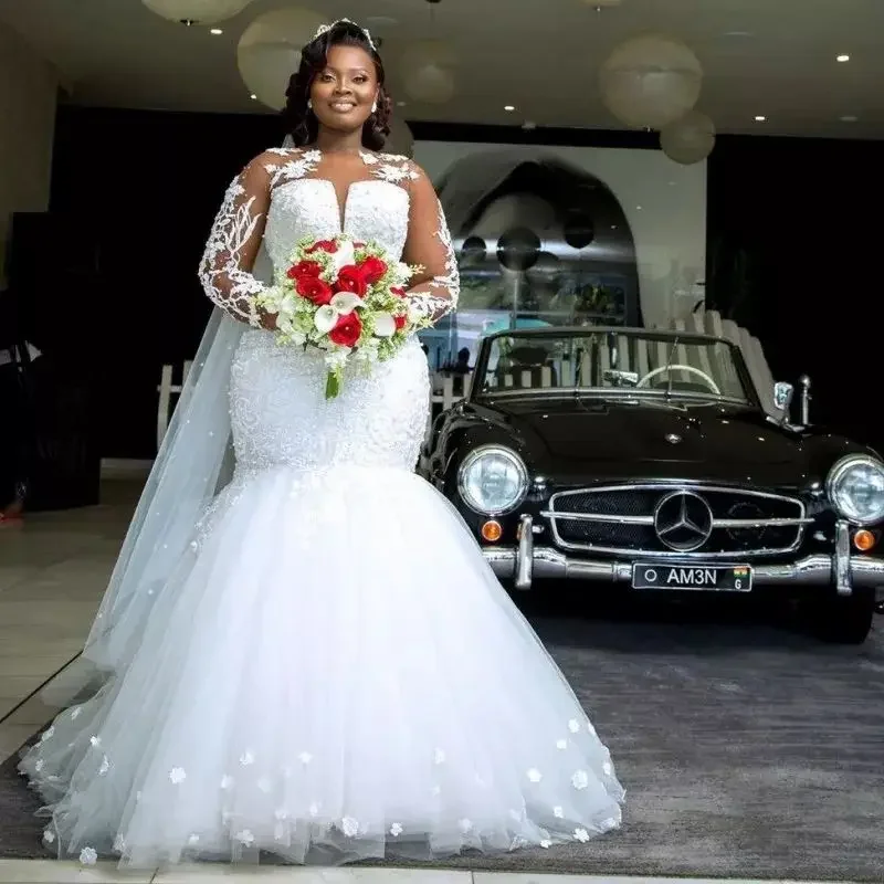 Suknia ślubna syrena z długimi rękawami, zdobiona błyszczącymi aplikacjami 3D, koralikami, w stylu afrykańskim, vintage, rustykalnym, z możliwością personalizacji.