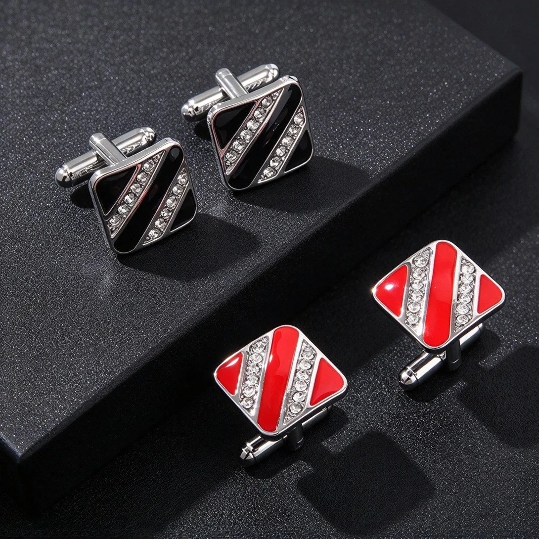 Shiny Rhinestone Paved Square Cufflinks Alloy Diagonal Stripe Enamel French Shirt Cuff Links Men Tuxedo Wedding Business Suits