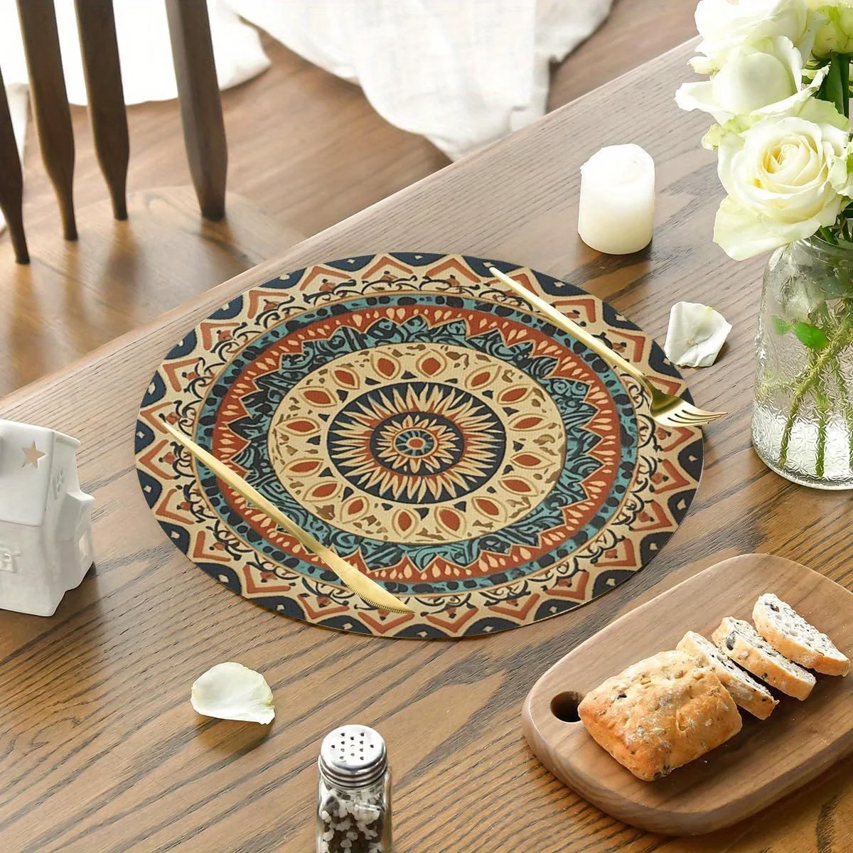 VIKAMA 4PC Mandala Placemats Blue And Orange Vintage Pattern Waterproof Family Dinner Cafe Ins Style Exotic Artifacts