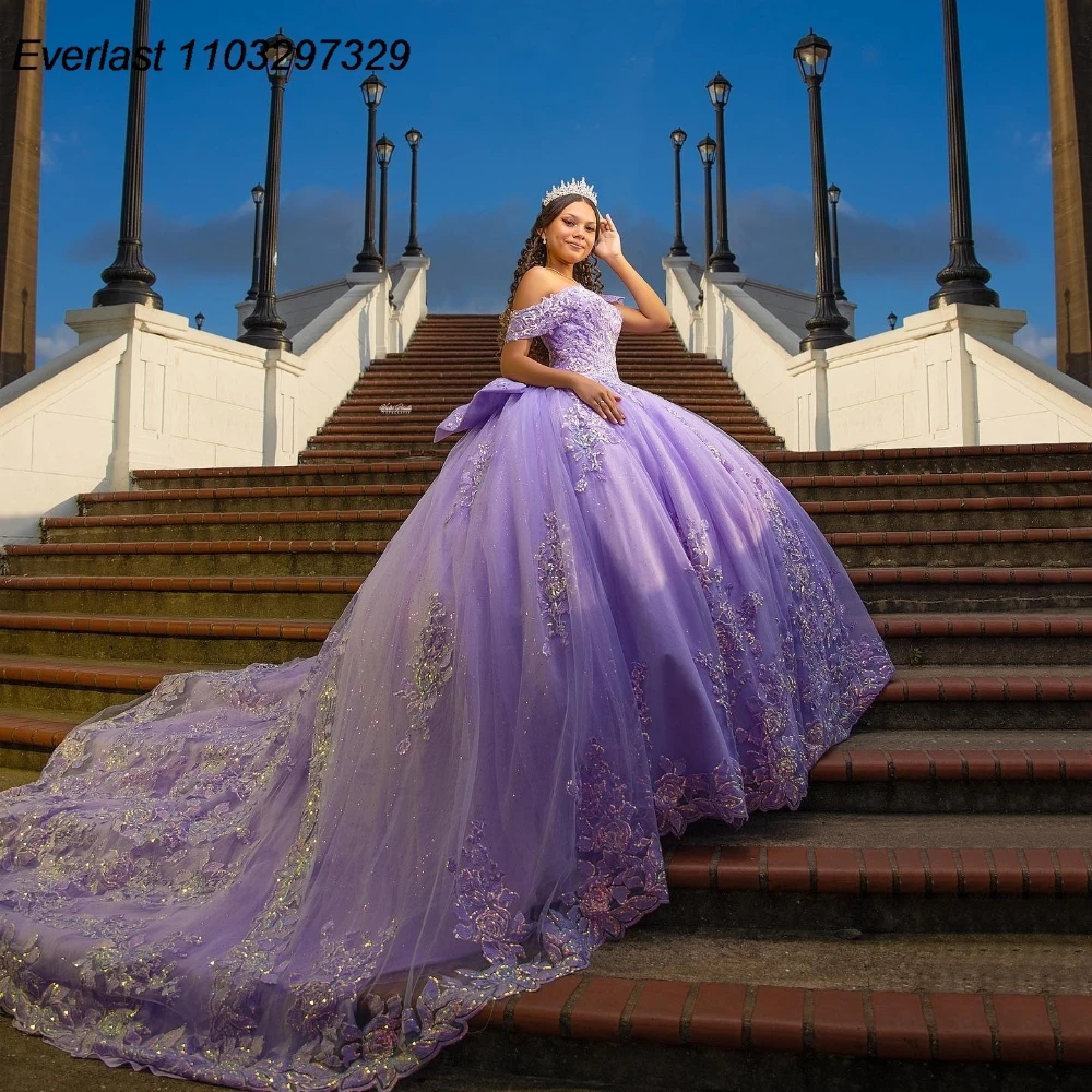 EVLAST Dostosowana brokatowa liliowa sukienka na quinceanera Suknia balowa Koronkowa aplikacja z koralikami Gorset z kokardą Sweet 16, Vestido De 15 Anos QD1186