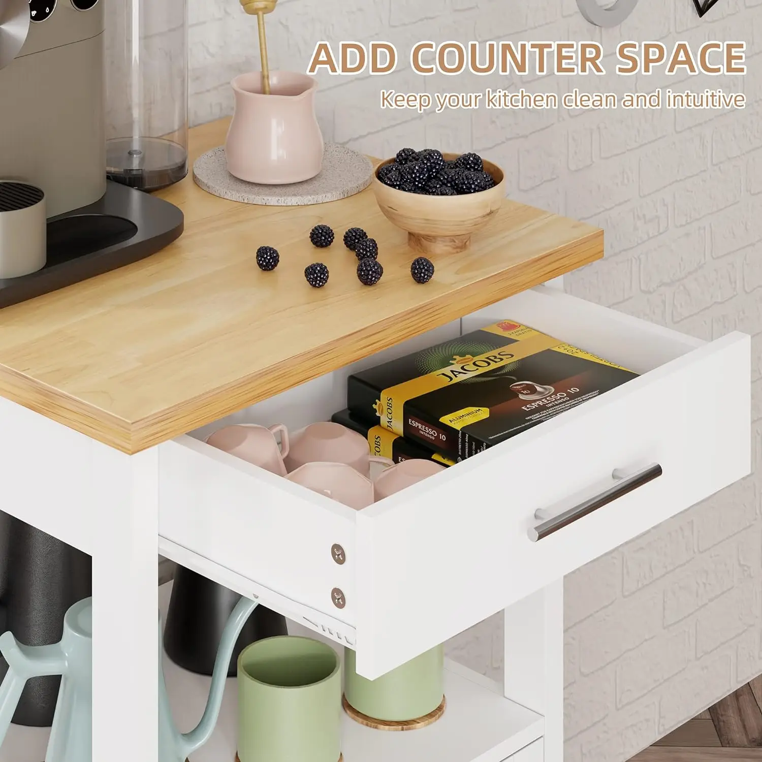 Kitchen Island Cart with Storage Rolling Side Table on Wheels with Worktop Single Door Cabinet and Drawer  White