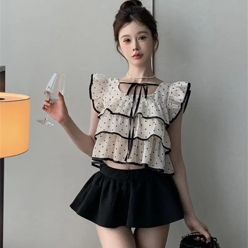 

Sweet Flying Sleeve Women Shirts&blouses Polka Dot Summer Ruffles Blusas Mujer Korean Fashion Cute Loose Camisas