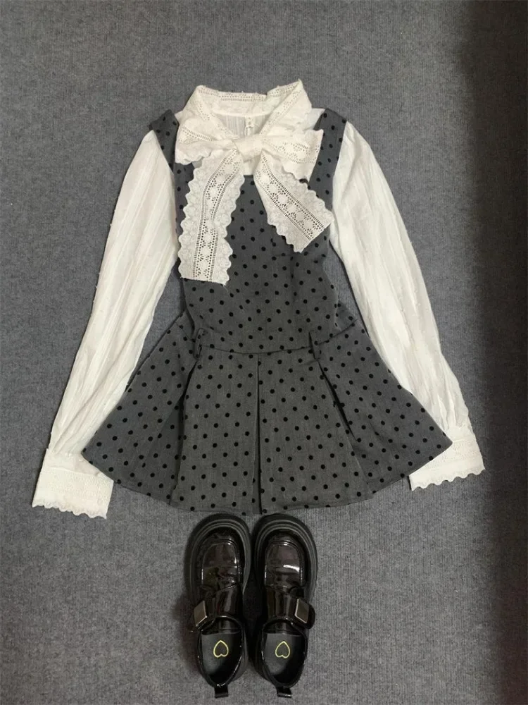 Korean Preppy Style Dress Set Women Casual Vintage Bow Lace Shirt Tops + Polka Dot Mini Dress Fashion Commuter 2 Piece Set New