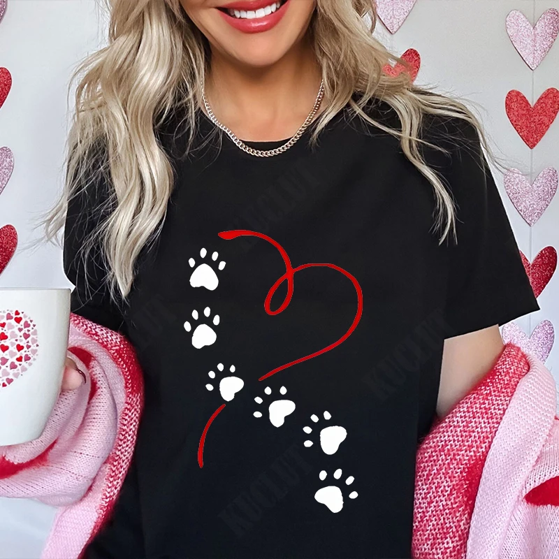 Funny Heart & Dog Paw Print Women T-shirts Fashion Summer Ladies Tshirts Short Sleeves Clothes Love Heart Fashion Casual Shirts