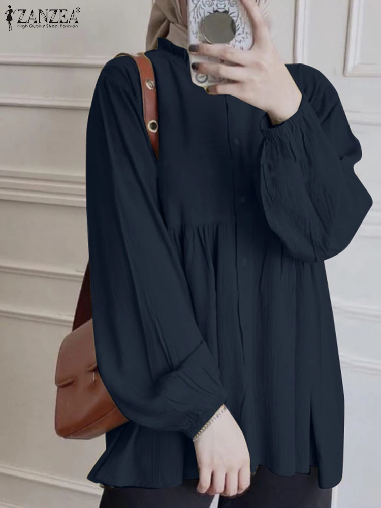 ZANZEA Muslim Hijab Tops Fashion Solid Shirt Female Work Blusas Abaya Isamic Clothing Women\'s Pleated Blouse Oversize Chemise