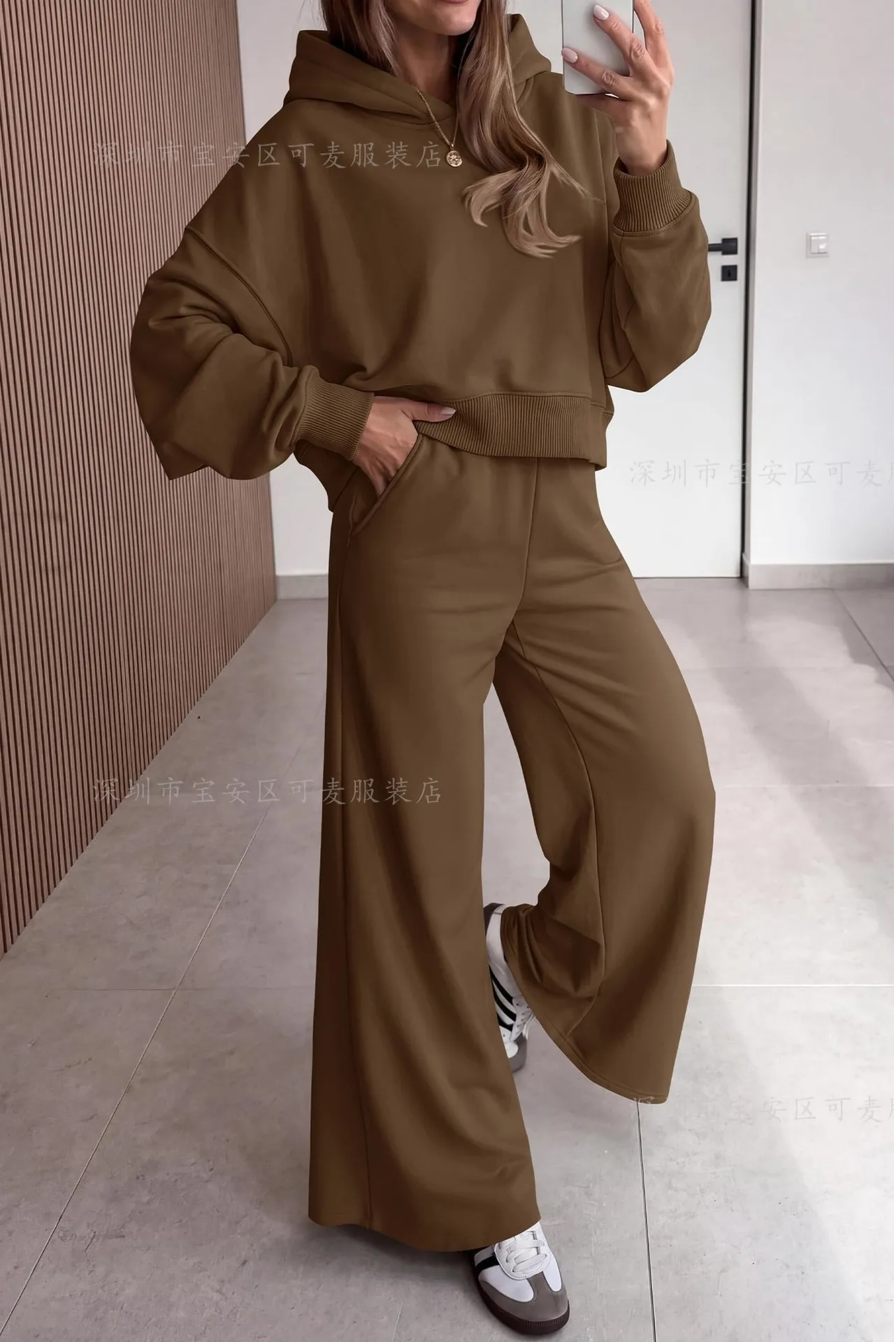 2026 Autumn And Winter Set Women's Oversized Cut Hoodie Long Sleeve High Waist Wide Leg Pants Soft Casual Matching Sportswear