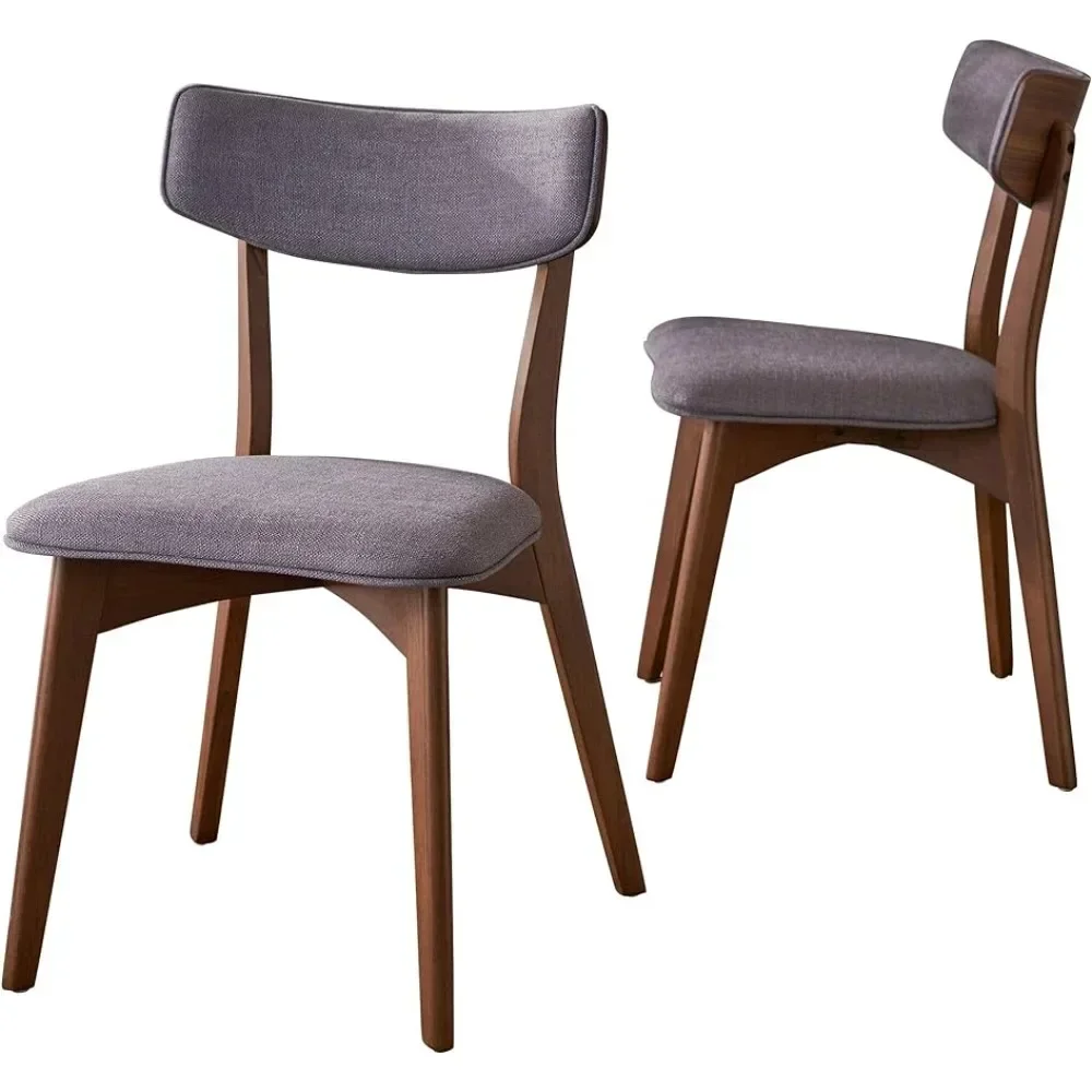 Mid-Century Modern Fabric Dining Chairs with Natural Walnut Finished Rubberwood Frame, 2-Pcs Set, Dark Grey / Natural Walnut