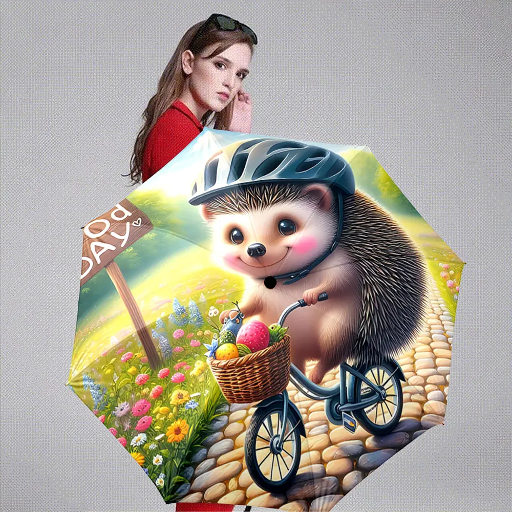 Cute Hedgehog Riding Bike in Flower Garden - 