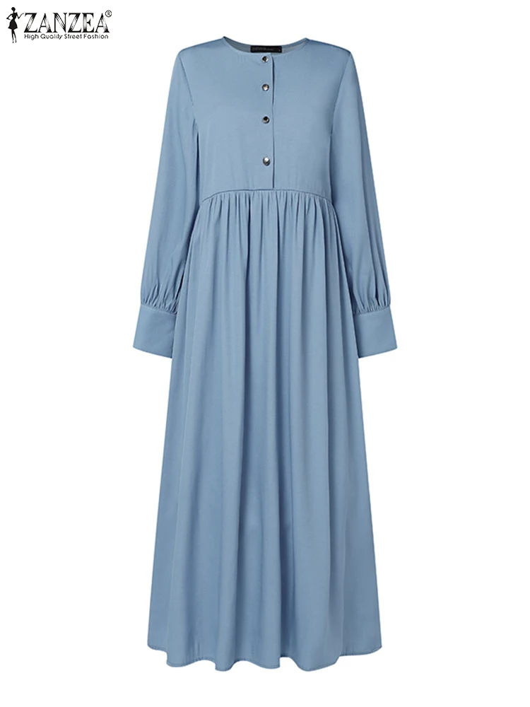 ZANZEA-Robe Maxi Vintage en Denim Bleu pour Femme Musulmane, Caftan Éducatif à Manches sulf, Hijab Islamique Décontracté