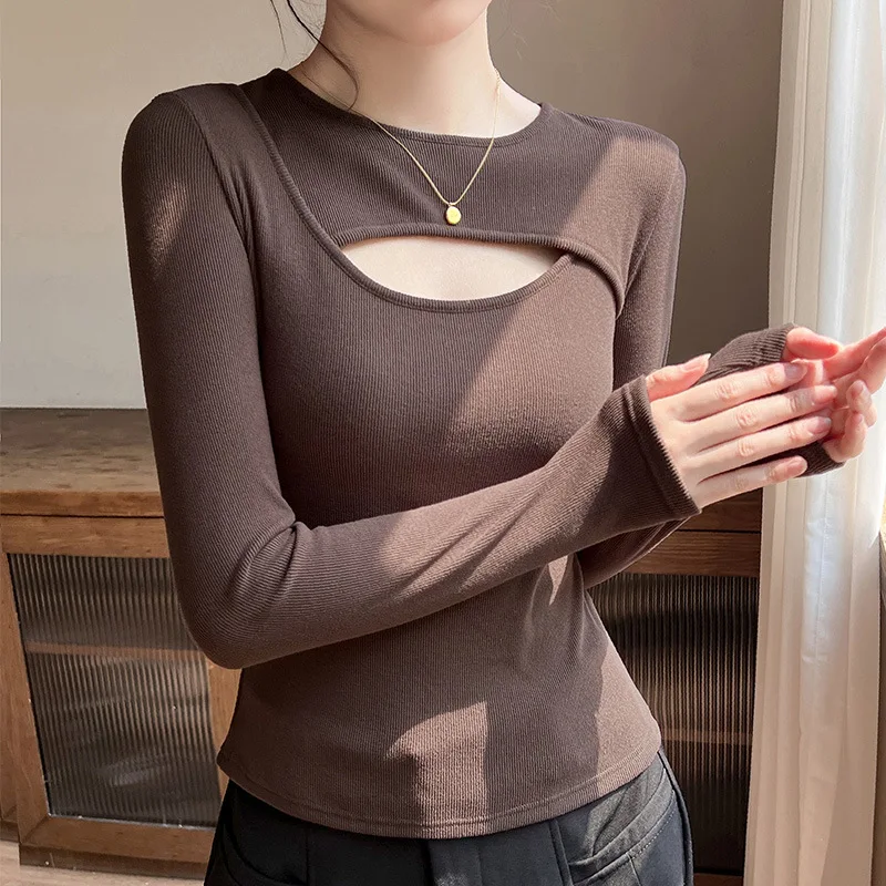 Women Tops Round-neck Hollowed-out Design Slimmer Base Shirt Layer for Women Autumn Winter Long-sleeved Form-fitting T-shirt