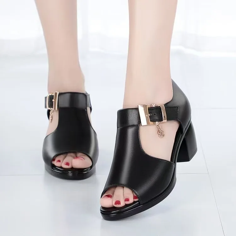 Fish mouth sandals women's 2022 summer new Roman women's thick heel medium heel women's shoes middle-aged mother shoes