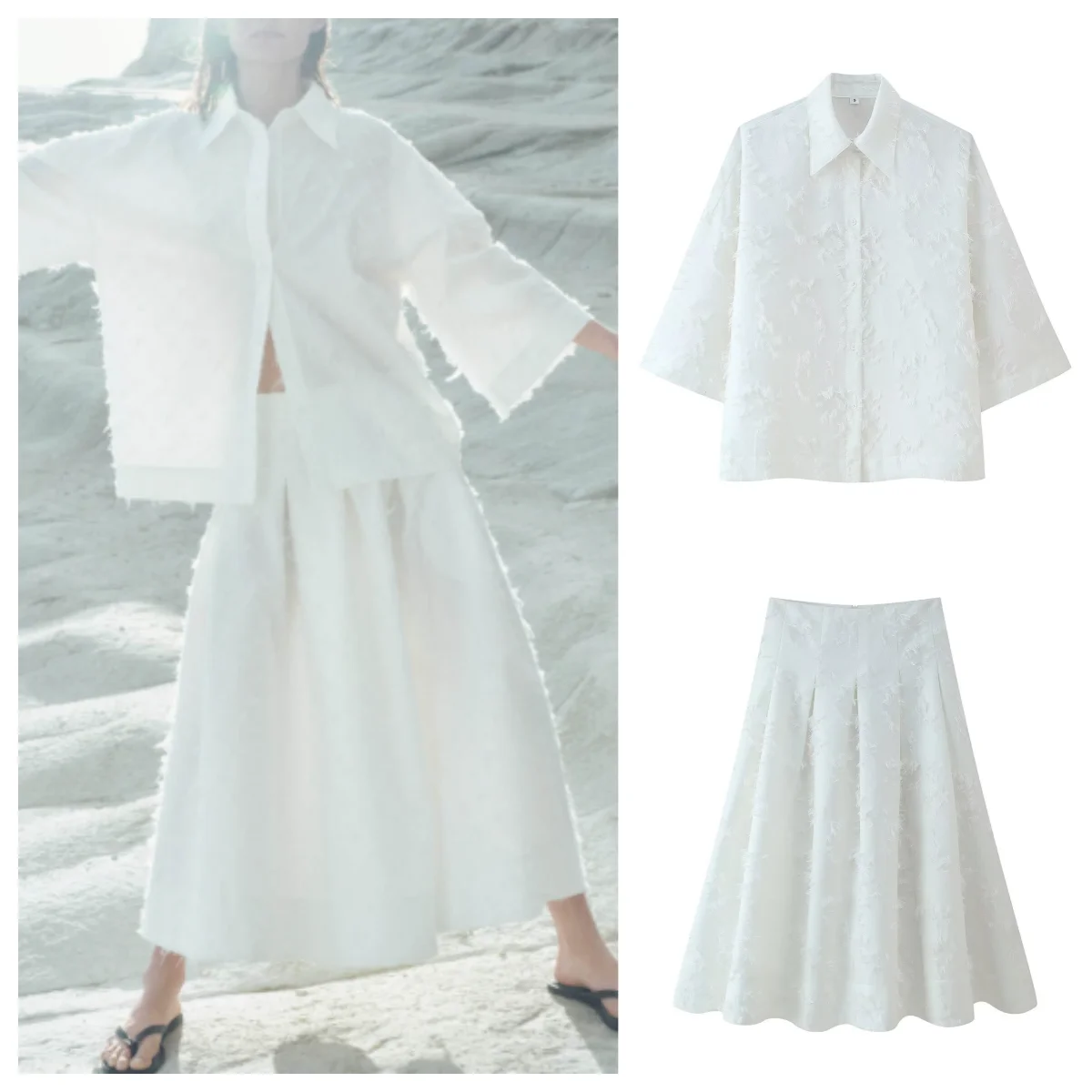

New European and American style loose casual suit with tassel shirt and tassel A-line skirt
