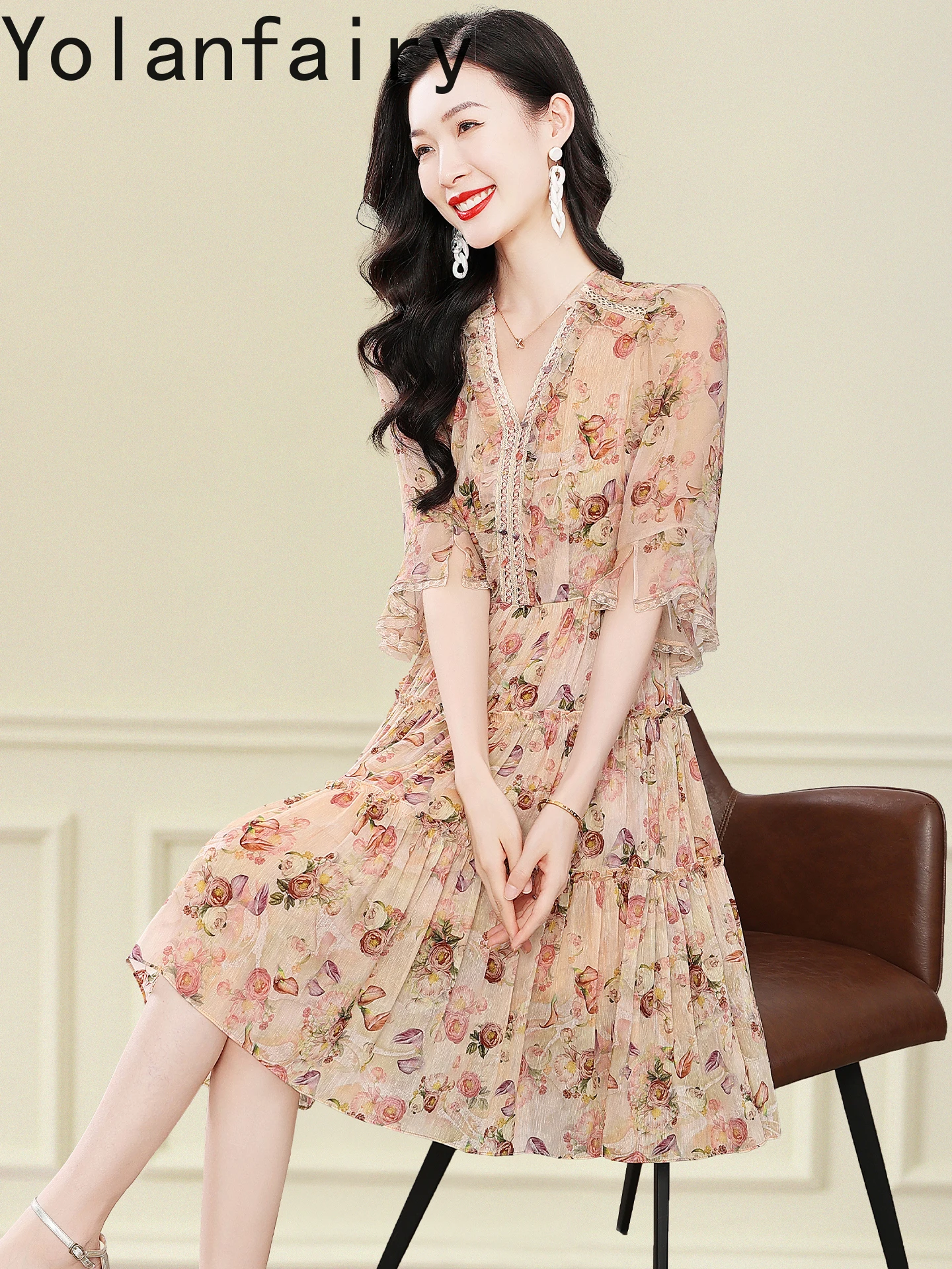 YOLANFAIRY 70% الكتان 30% التوت فستان حريري الصيف الملابس النسائية فستان زهري أنيق مضيئة كم فساتين الموضة امرأة