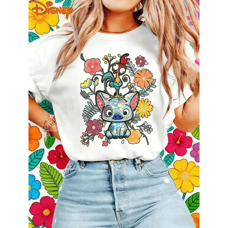 

Женская футболка Disney с короткими рукавами и круглым вырезом, с принтом Моаны, милым черно-белым принтом свиньи, цветов и петуха, модная повседневная забавная рубашка