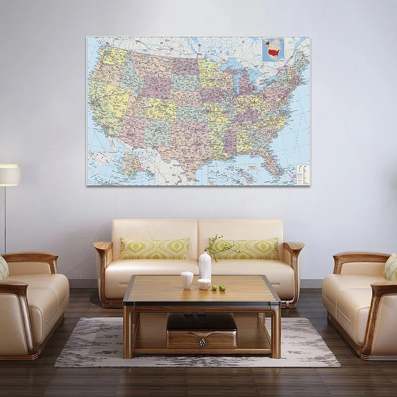 The America Map with Details Chinese Language 150*100cm Wall Art Poster Living Room Home Decoration Children School Supplies