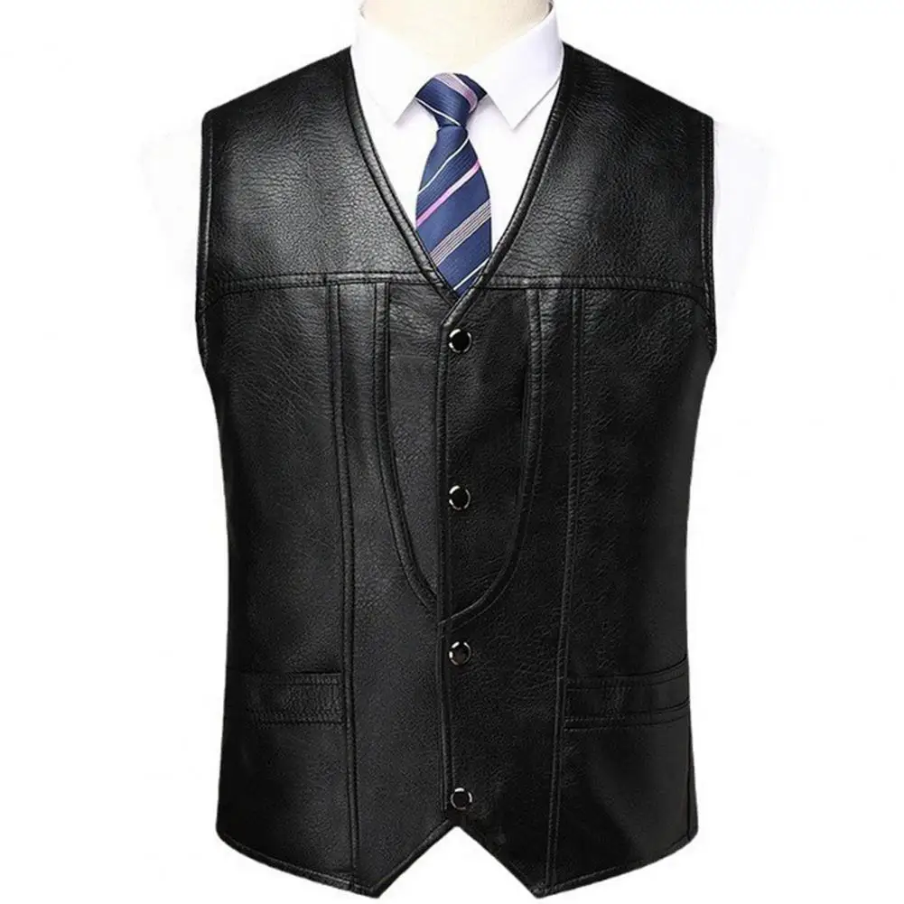 

Imitation Leather Waistcoat Men's Slim Fit Faux Leather V-neck Waistcoat with Pockets Single Breasted Vest Outwear for Solid