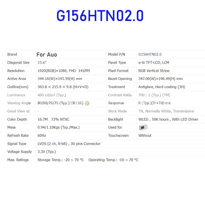 

G156HTN02.0 15,6-дюймовая оригинальная ЖК-панель дисплея для Auo, новая, быстрая доставка, 100% протестировано