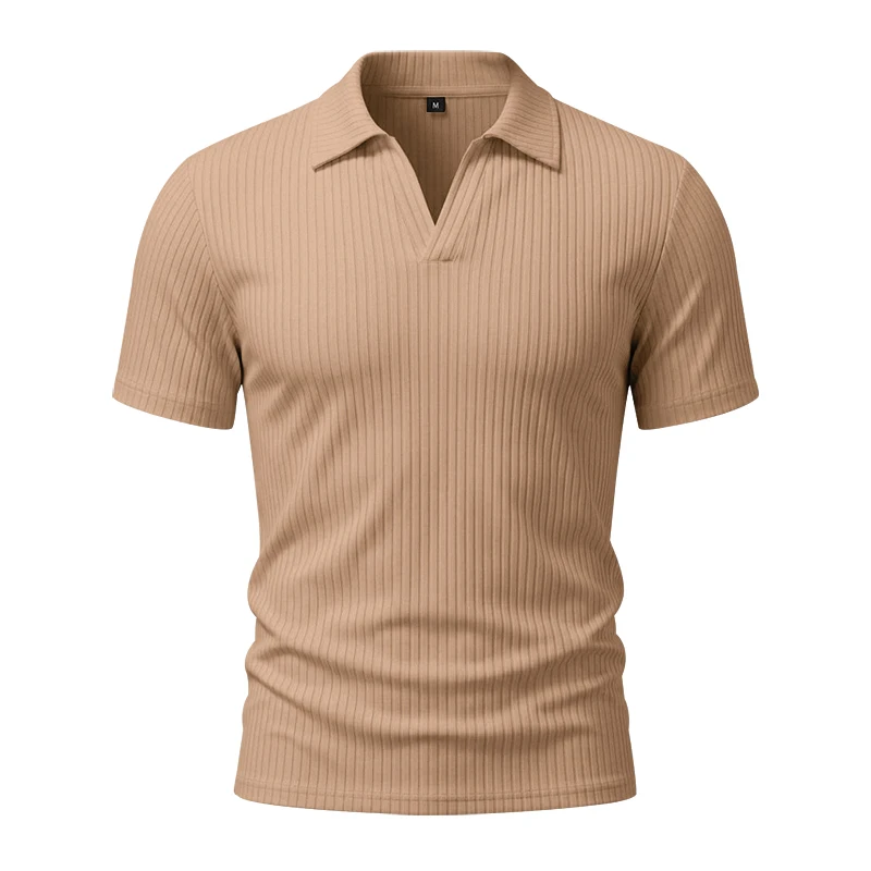 Herren 1-teiliges Gestricktes V-Ausschnitt Kurzarm Slim-Fit Atmungsaktives Eisseide Schnelltrocknendes Golf Business Casual Poloshirt – Detail 10