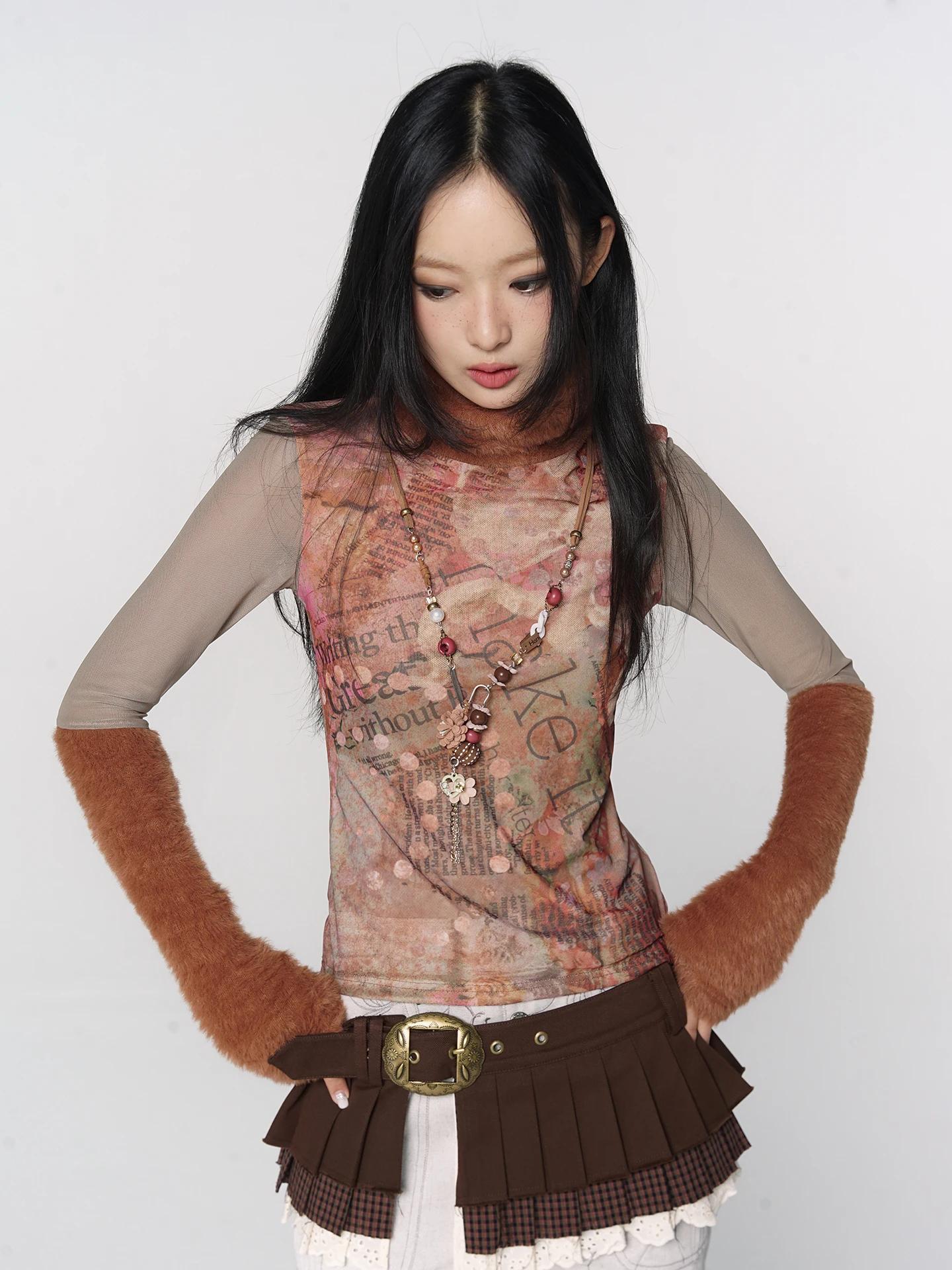 

Confun Original Floral Orange Printed Faux Fur Splicing High Collar Me Base Layer Women's Casual Sle Long Sve T-irt