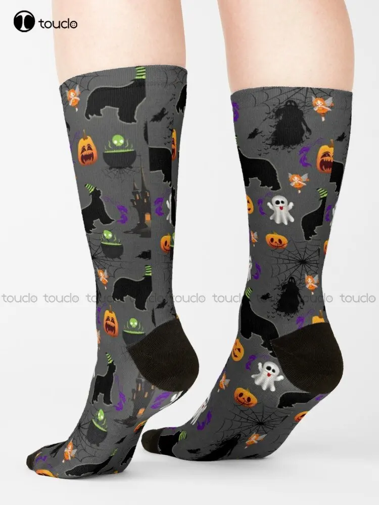 Halloween Newfie Pattern With Grey Background Socks Cotton Socks Fashion Creative Leisure Funny Art Abstract Oil Painting Socks