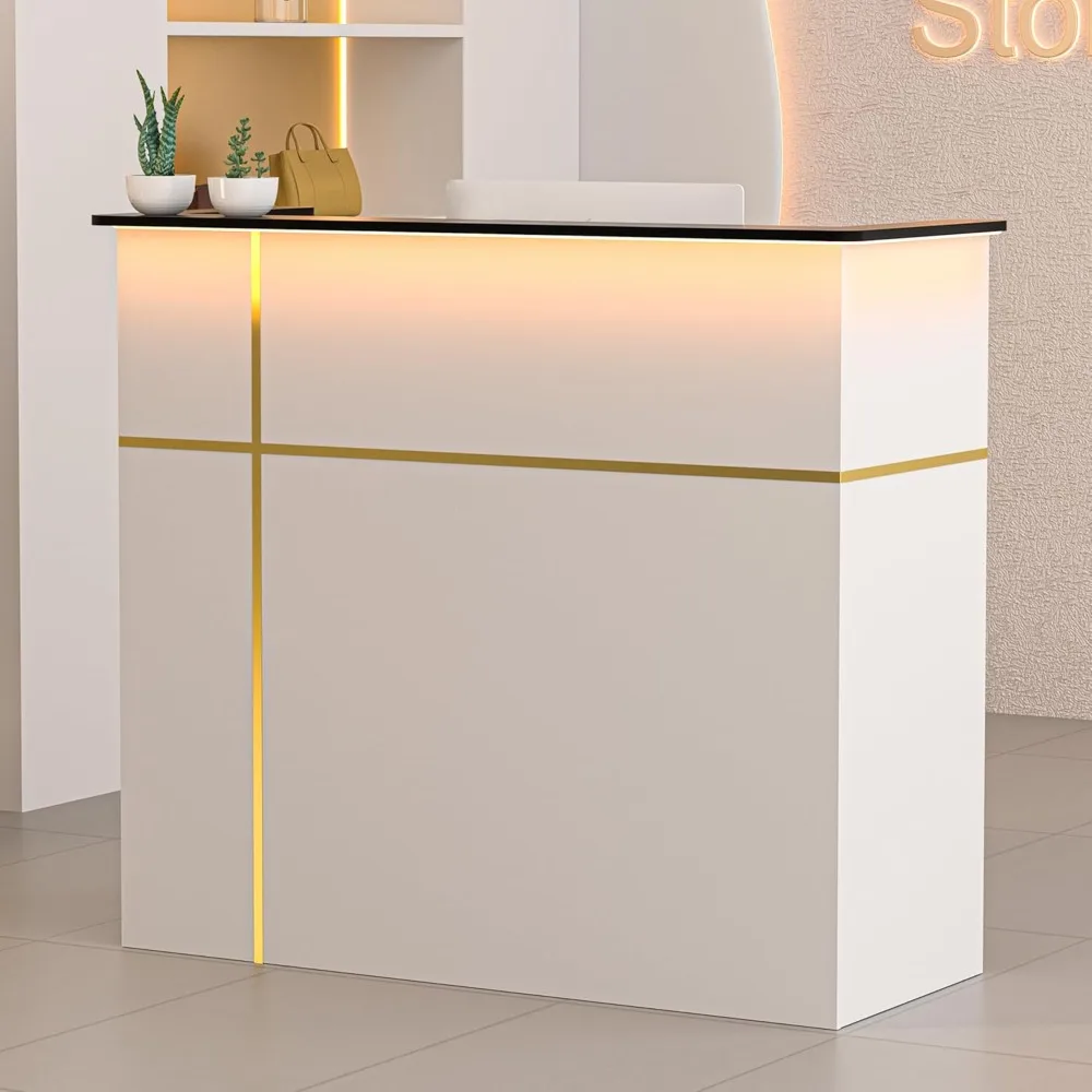 

Reception Desk with Counter, Modern Front Table Equipped Lockers & Storage Shelves, 50-inch Checkout Counter with LED Lights &