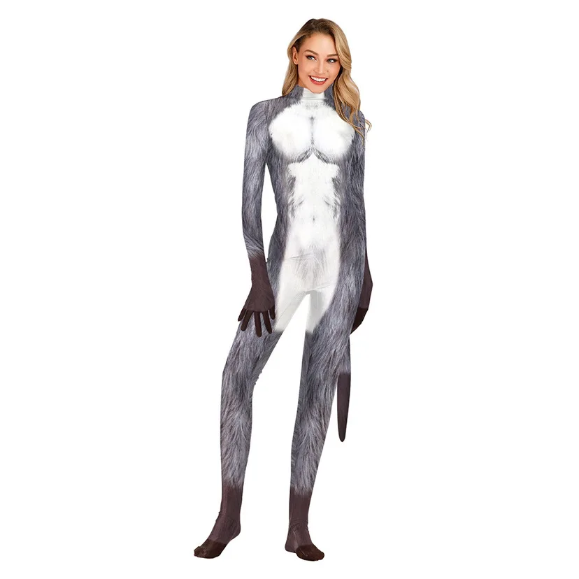 Men Women 3D Printed Animal Cosplay Costumes Halloween Carnival Bodysuit with Tail Crotch Zipper Jumpsuits Catsuit Zentai Suits