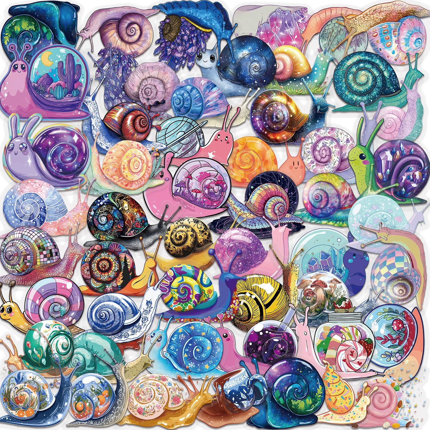 50PCS Tea Snails Transparent Graffiti Stickers Color PET Cartoon Decal DIY Luggage Phone Guitar Fridge Party Gifts