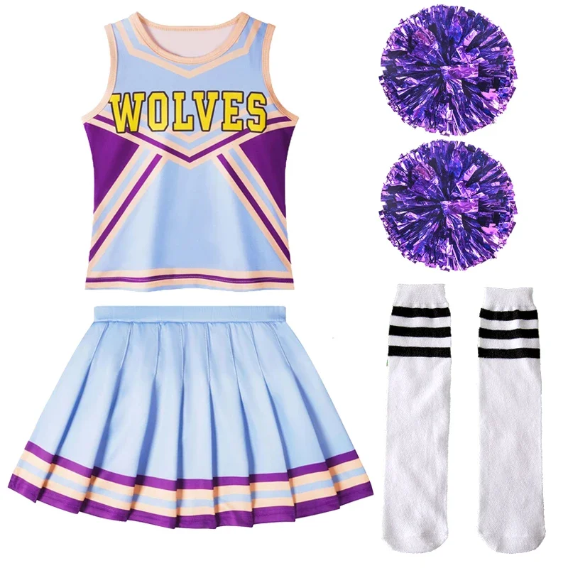 Children's Cheerleaders Halloween Cosplay Costume Stage Show Girl Dress School Cheerleaing Uniform Purple With Pompoms SOCK