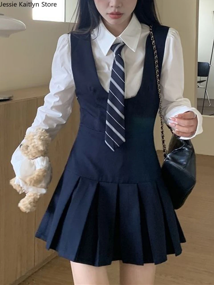 Uniforme d'étudiant scolaire Kawaii japonais pour femmes, uniforme de fille mignonne coréenne JK Cosplay, chemise blanche d'automne et ensembles de robes à enfiler plissées, nouveau