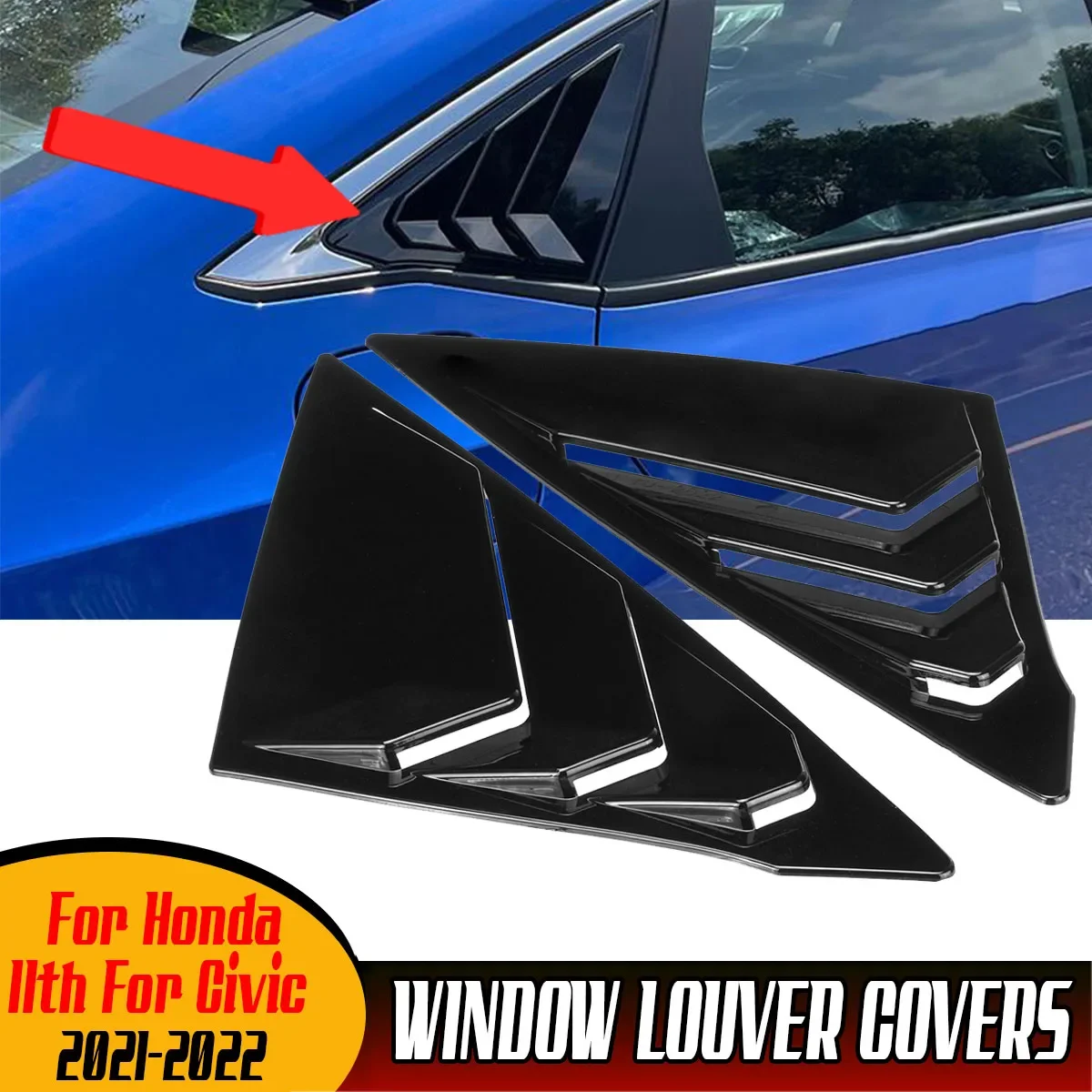 Black Car Rear Side Window Louver Covers Vents Trim Window Shutters Shade For Honda For Civic 11th Eleventh Generation 2021-2022