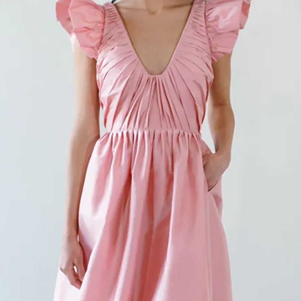 Robe de soirée trapèze froncée rose classique, col en v, robes de bal d'anniversaire personnalisées
