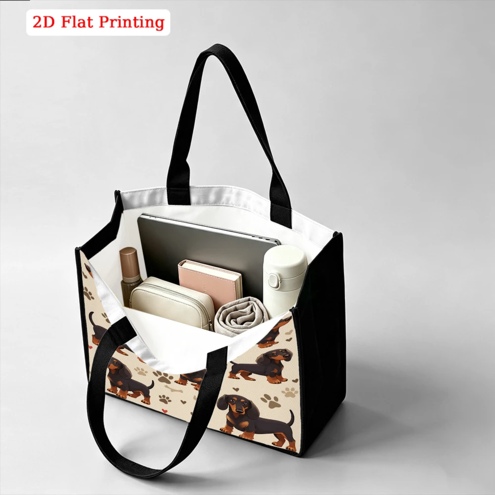 Cute Dachshund Full Print Paw Print Tiny Heart Bone Seamless Pattern Large Tote Bag, Warm Pet Aesthetic Handbag for Dog Lovers