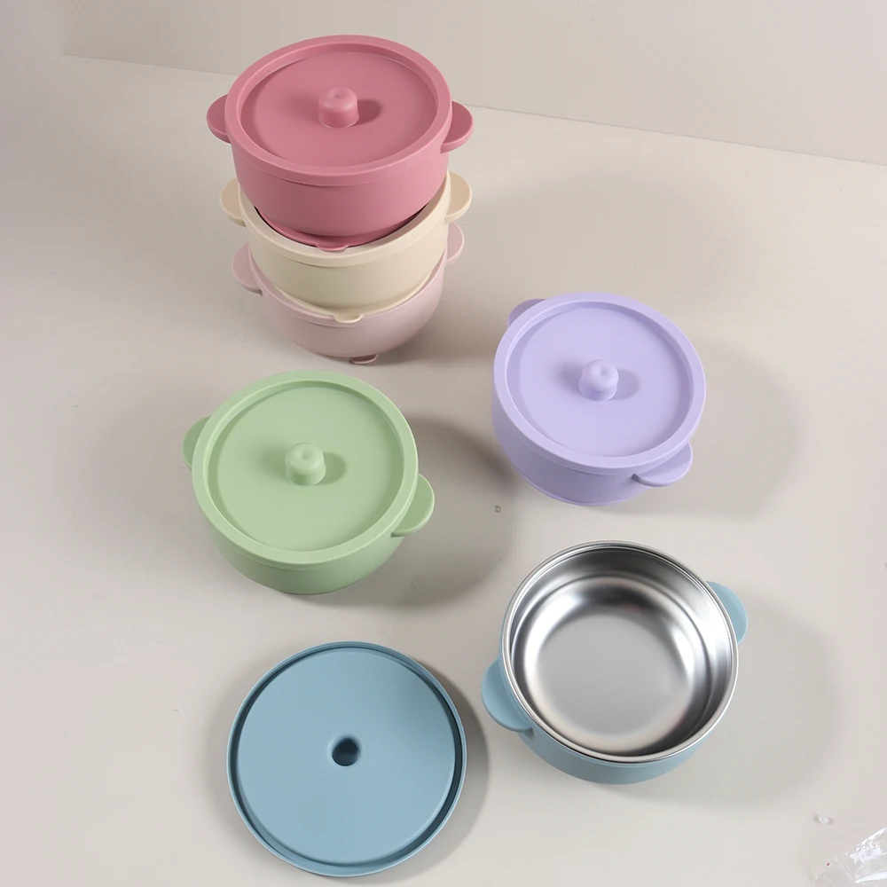 300ml Baby Training Bowl with Lid, 300ML 2-in-1 Stainless Steel & Silicone Feeding Set, Unbreakable Weaning Bowl