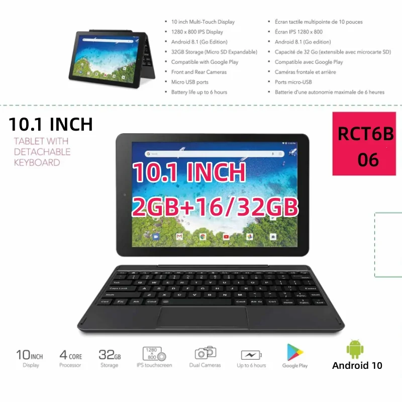 New RCT6B06 10.1 INCH 2-in-1 Tablet 2GB RAM 32GB ROM Google Android 9 Quad Core with Touchscreen And Detachable Keyboard