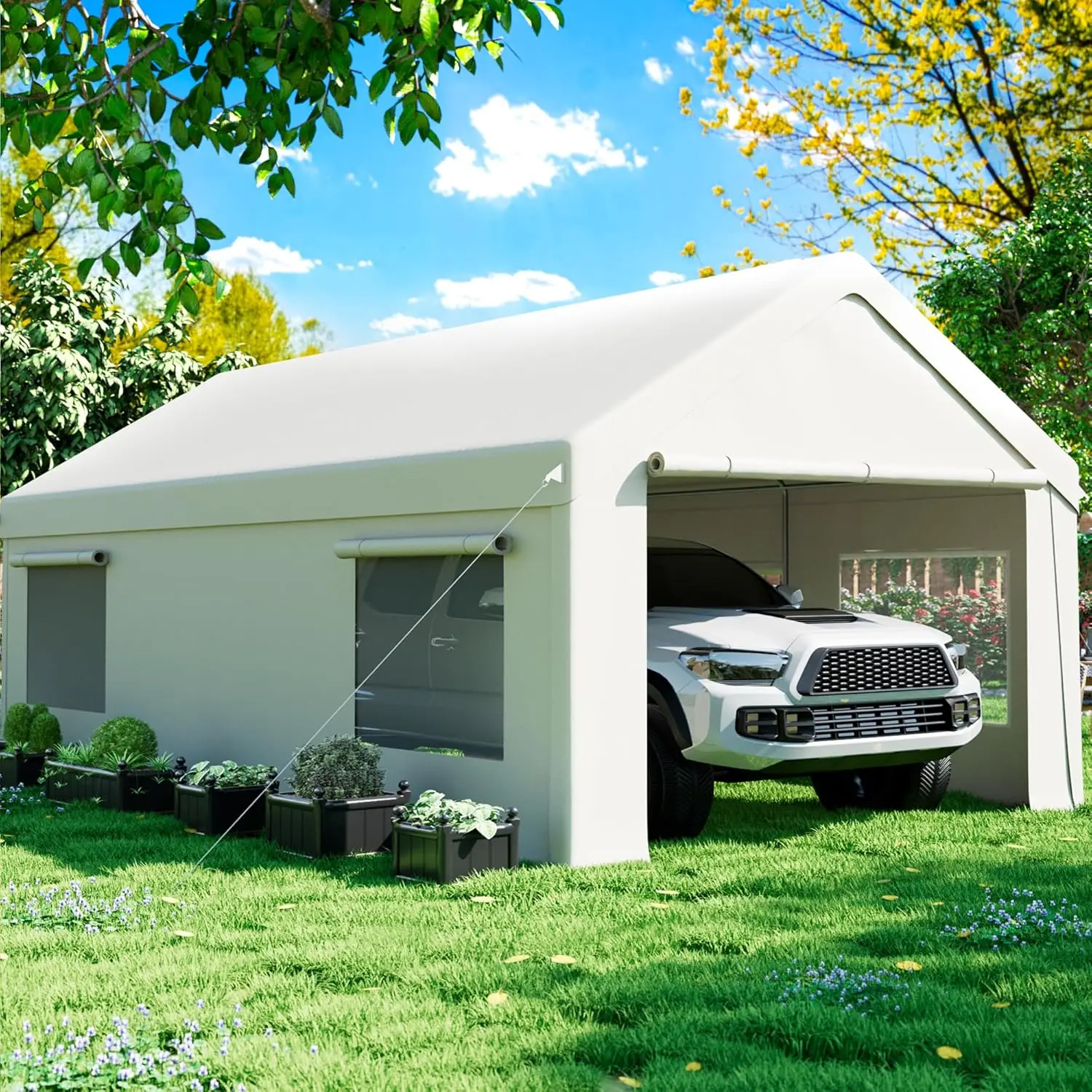

Carport 12' x 20' Heavy Duty Portable Garage, Carport Canopy with Side-Opening Door & Roll-Up Windows, White