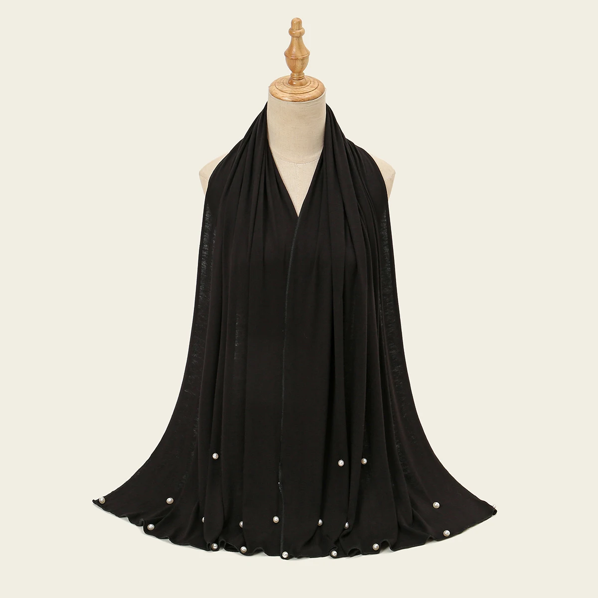 Wholesale High Quality Pearl Jersey Scarf Black Muslim Woman Hijabs Beading Islam Headscarf Turban Solid color Shawls and Wraps