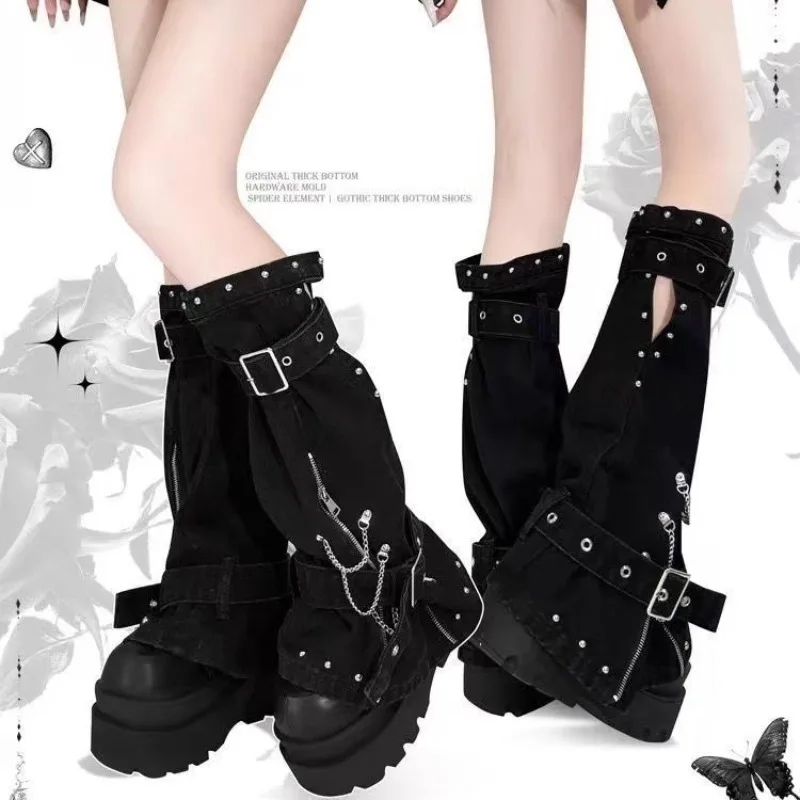Dark Y2k Unique Design Chain Tooling Thin Stack Leg Cover Black Japanese Subculture Soft Girl Style Socks Leg Warmers For Women