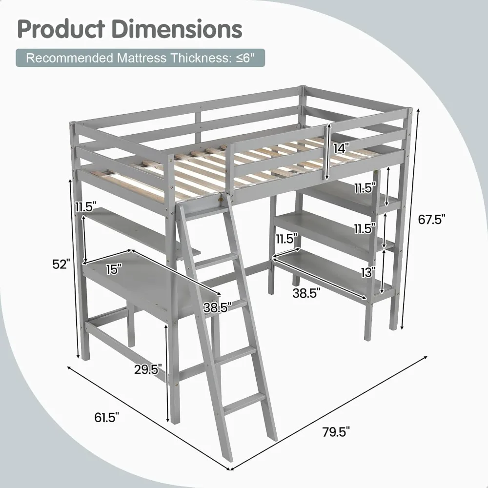 Twin Loft Bed.Twin Loft Bed with Desk & Storage Shelves, Solid Wood Loft Bed Frame with Bookcase, Ladder, Guardrails79.5